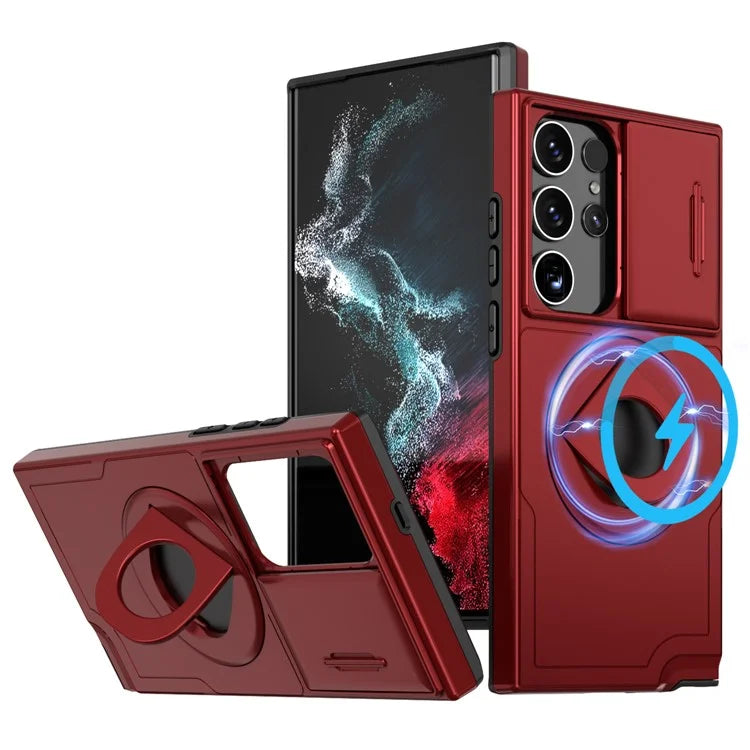 For Samsung Galaxy S22 Ultra 5G Magnetic Case Slide Lens Window N52 Magnet+PC+TPU Phone Cover