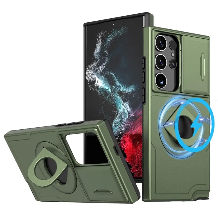For Samsung Galaxy S22 Ultra 5G Magnetic Case Slide Lens Window N52 Magnet+PC+TPU Phone Cover