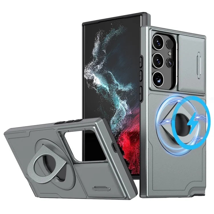 For Samsung Galaxy S22 Ultra 5G Magnetic Case Slide Lens Window N52 Magnet+PC+TPU Phone Cover