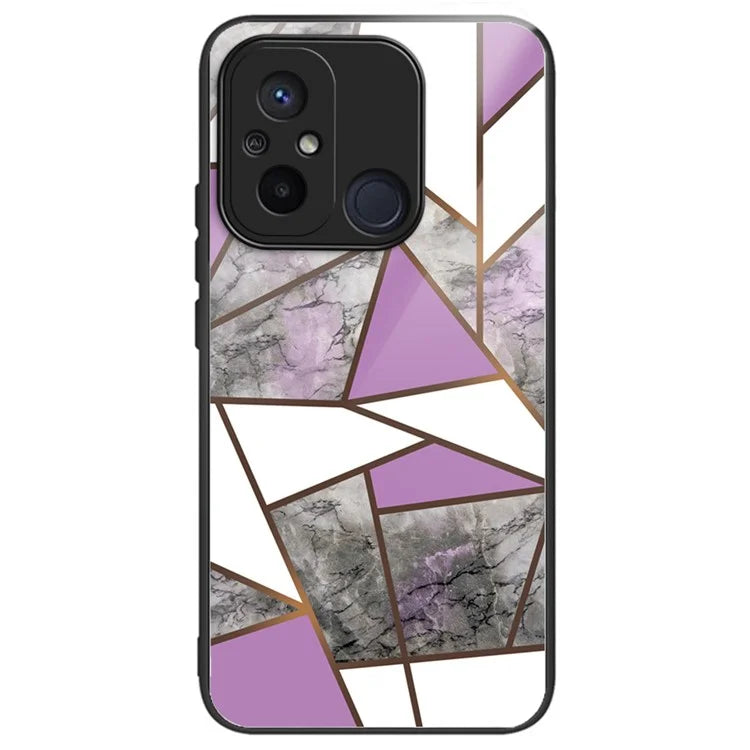 For Xiaomi Redmi 12C 4G Artistic Marble Tempered Glass Cover Shockproof Phone Case
