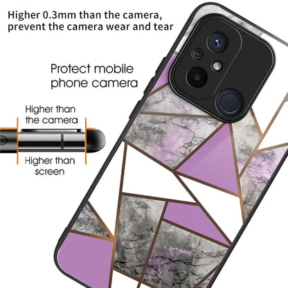 For Xiaomi Redmi 12C 4G Artistic Marble Tempered Glass Cover Shockproof Phone Case