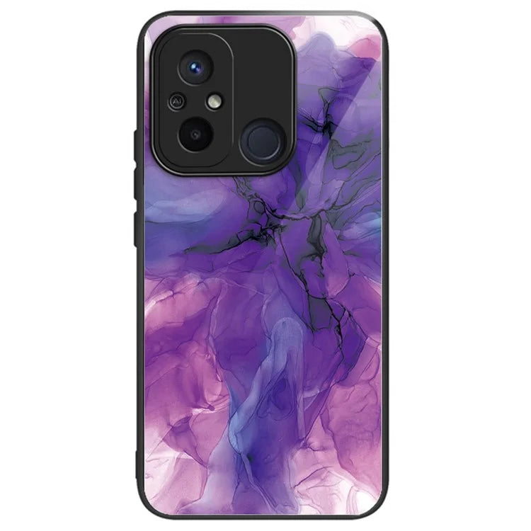 For Xiaomi Redmi 12C 4G Artistic Marble Tempered Glass Cover Shockproof Phone Case