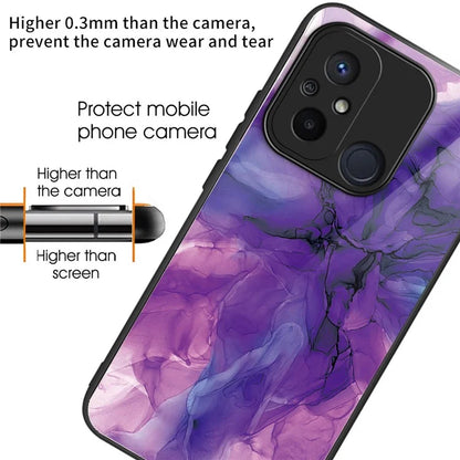 For Xiaomi Redmi 12C 4G Artistic Marble Tempered Glass Cover Shockproof Phone Case