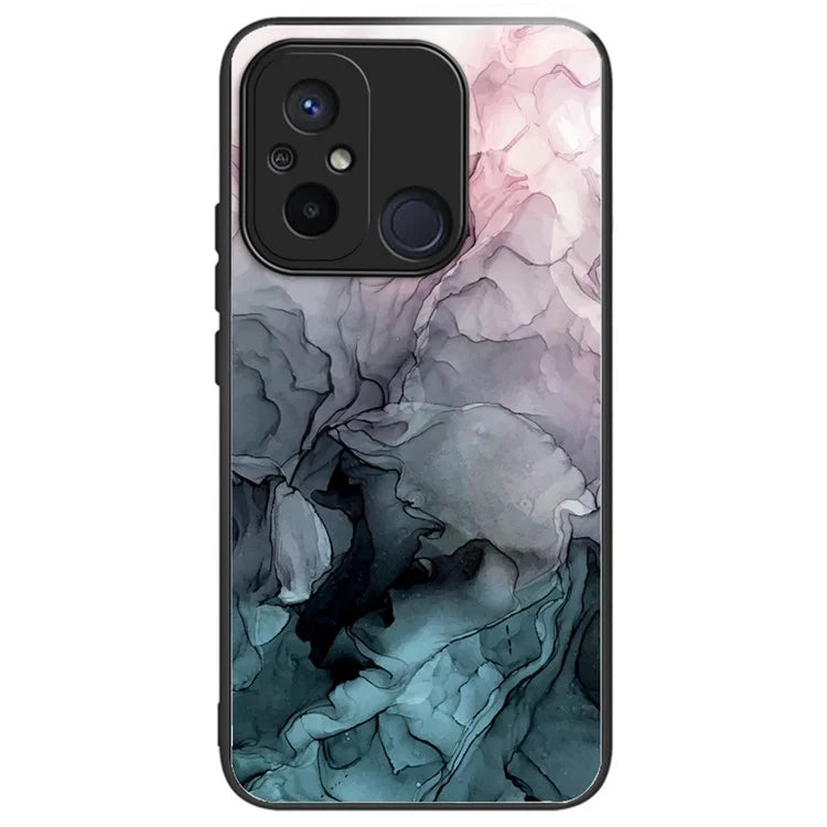 For Xiaomi Redmi 12C 4G Artistic Marble Tempered Glass Cover Shockproof Phone Case
