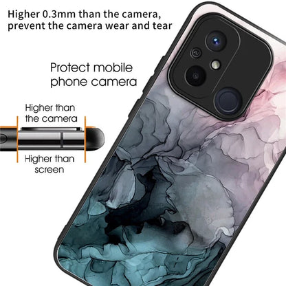 For Xiaomi Redmi 12C 4G Artistic Marble Tempered Glass Cover Shockproof Phone Case