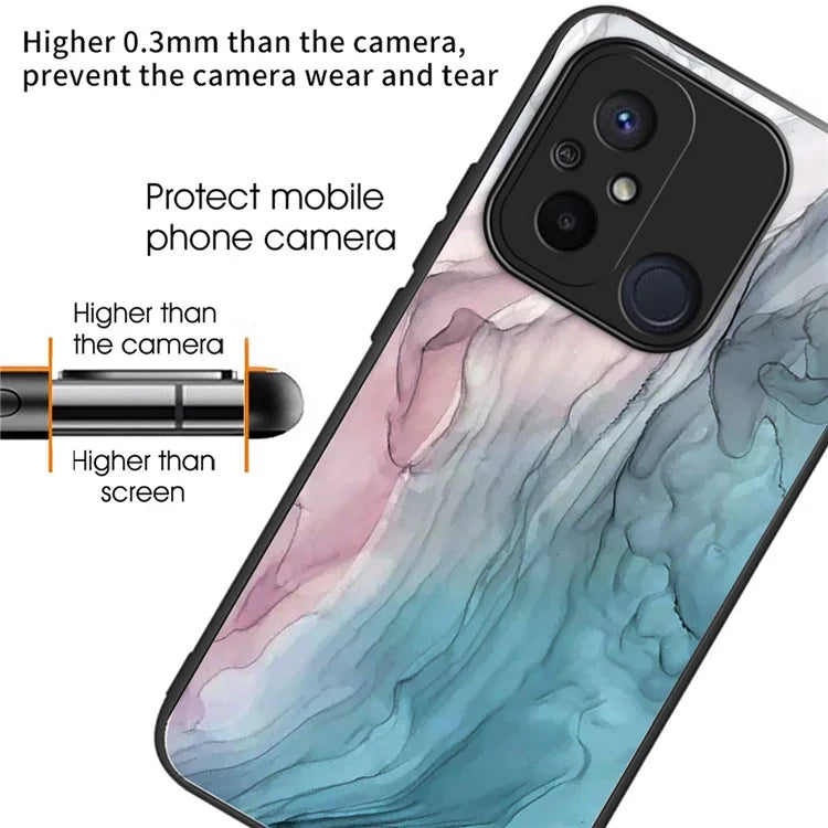 For Xiaomi Redmi 12C 4G Artistic Marble Tempered Glass Cover Shockproof Phone Case