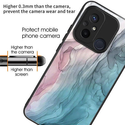 For Xiaomi Redmi 12C 4G Artistic Marble Tempered Glass Cover Shockproof Phone Case