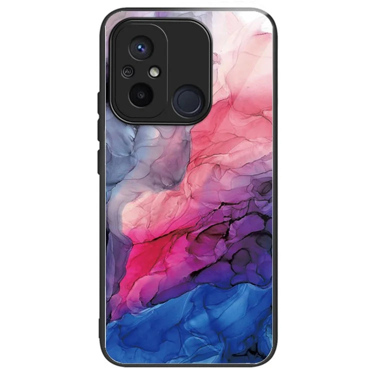 For Xiaomi Redmi 12C 4G Artistic Marble Tempered Glass Cover Shockproof Phone Case