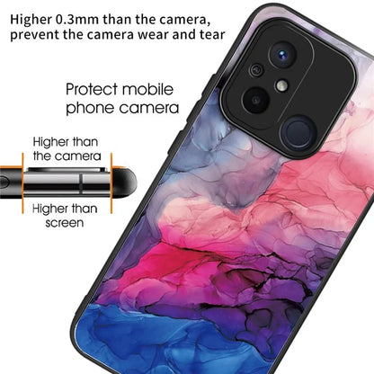 For Xiaomi Redmi 12C 4G Artistic Marble Tempered Glass Cover Shockproof Phone Case
