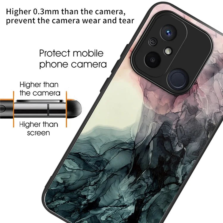 For Xiaomi Redmi 12C 4G Artistic Marble Tempered Glass Cover Shockproof Phone Case