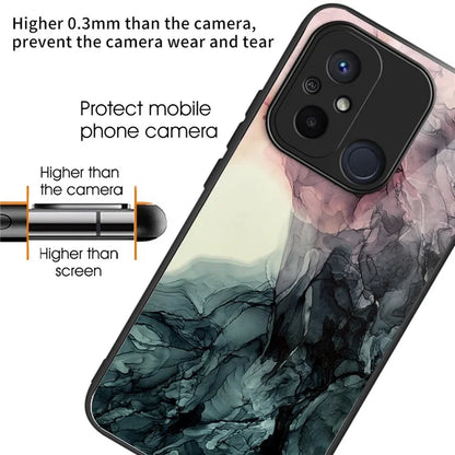 For Xiaomi Redmi 12C 4G Artistic Marble Tempered Glass Cover Shockproof Phone Case