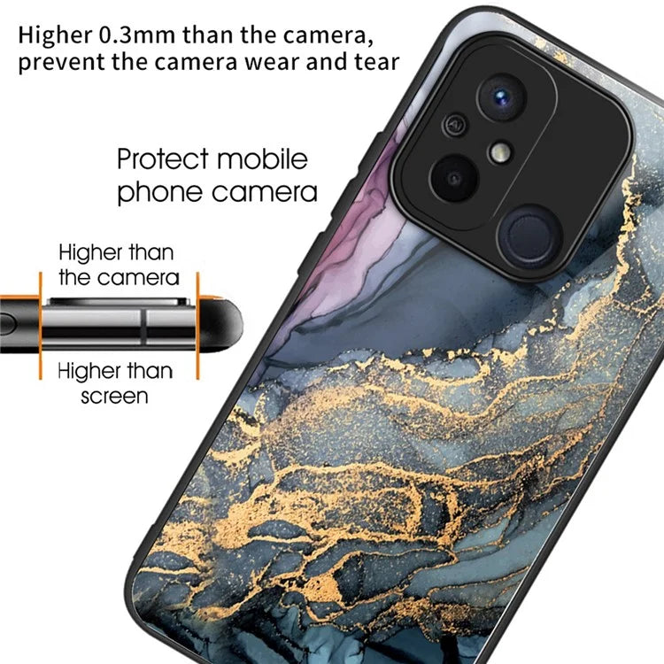 For Xiaomi Redmi 12C 4G Artistic Marble Tempered Glass Cover Shockproof Phone Case