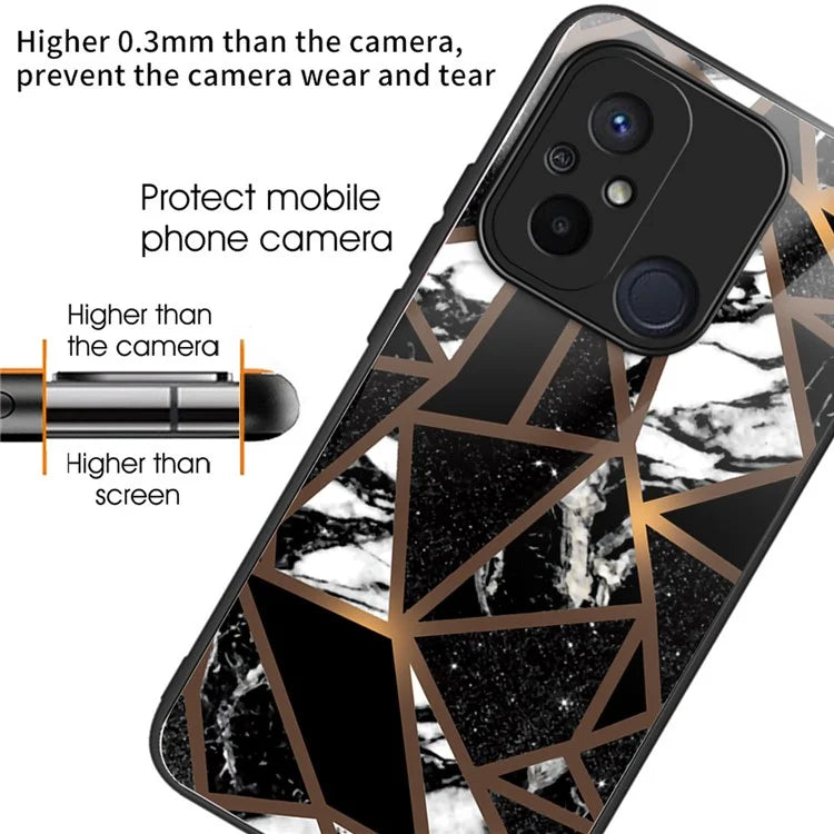 For Xiaomi Redmi 12C 4G Artistic Marble Tempered Glass Cover Shockproof Phone Case