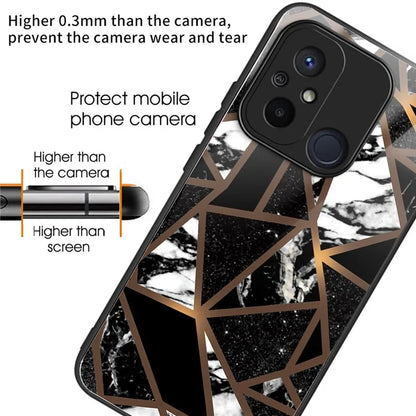 For Xiaomi Redmi 12C 4G Artistic Marble Tempered Glass Cover Shockproof Phone Case