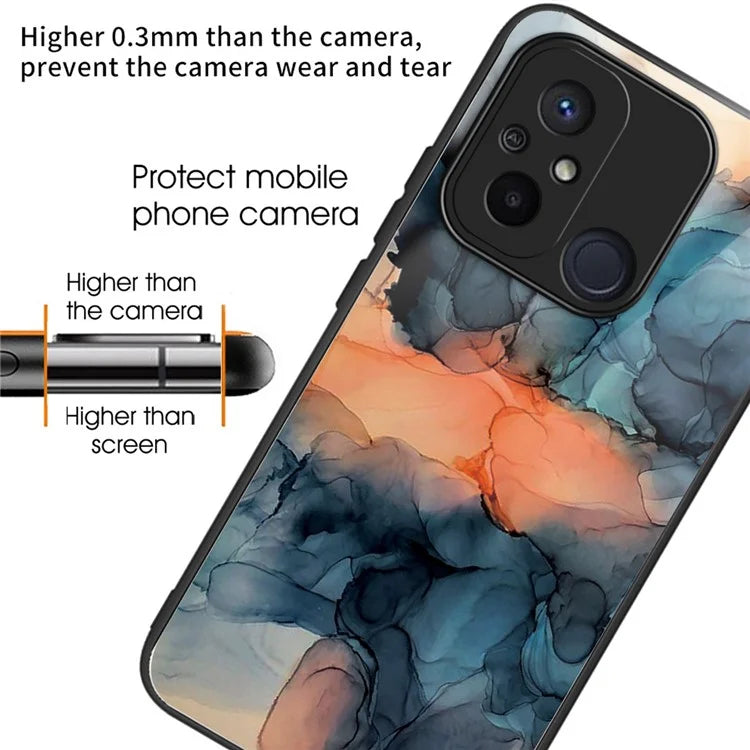 For Xiaomi Redmi 12C 4G Artistic Marble Tempered Glass Cover Shockproof Phone Case