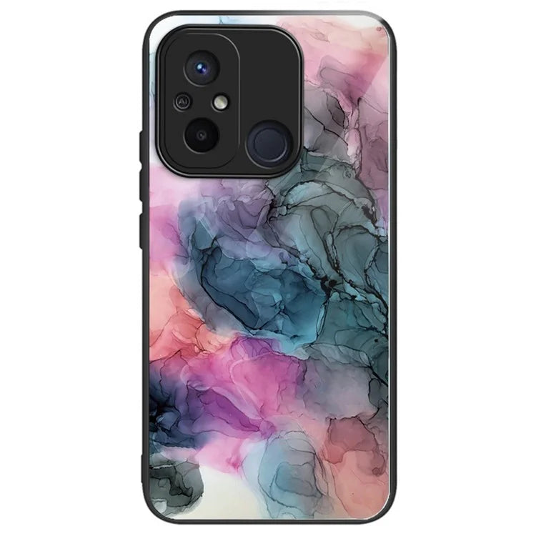 For Xiaomi Redmi 12C 4G Artistic Marble Tempered Glass Cover Shockproof Phone Case