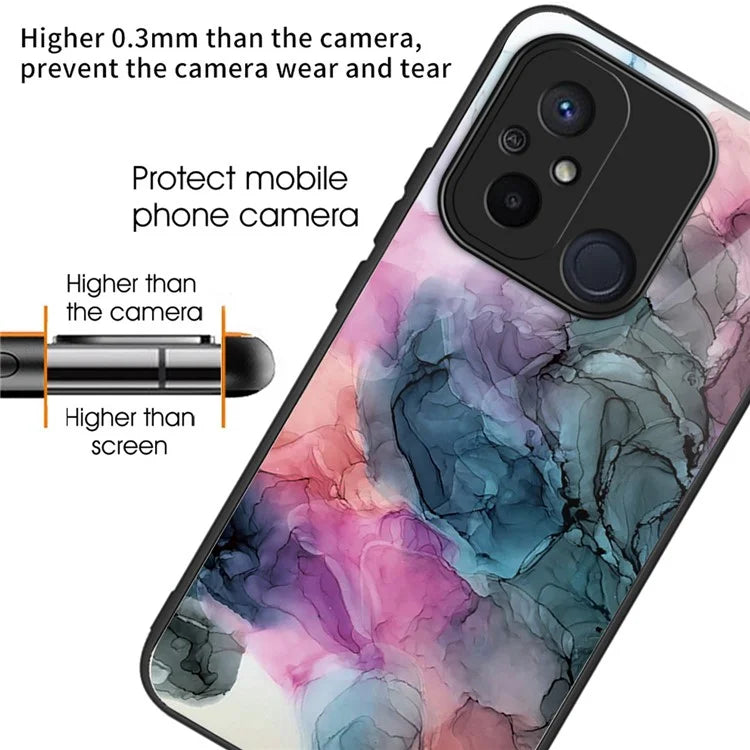 For Xiaomi Redmi 12C 4G Artistic Marble Tempered Glass Cover Shockproof Phone Case