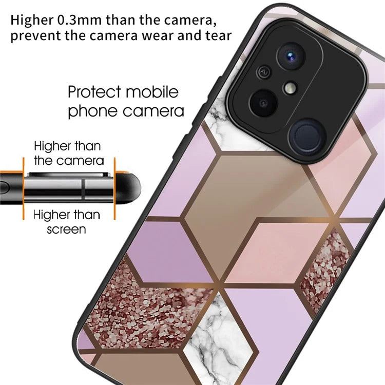For Xiaomi Redmi 12C 4G Artistic Marble Tempered Glass Cover Shockproof Phone Case