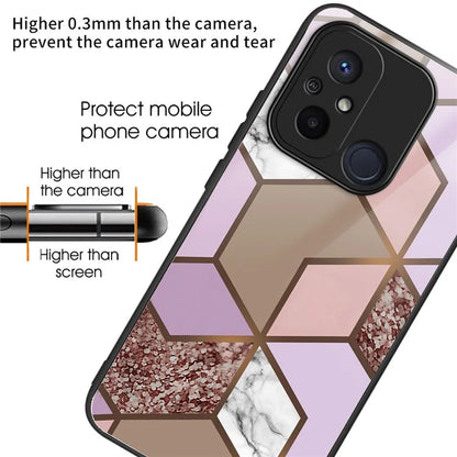 For Xiaomi Redmi 12C 4G Artistic Marble Tempered Glass Cover Shockproof Phone Case
