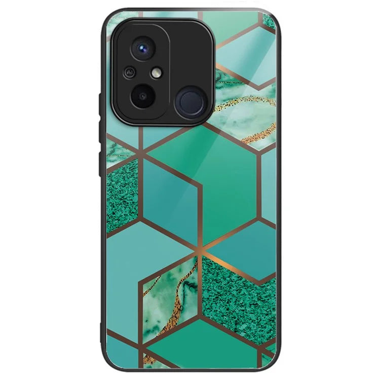 For Xiaomi Redmi 12C 4G Artistic Marble Tempered Glass Cover Shockproof Phone Case