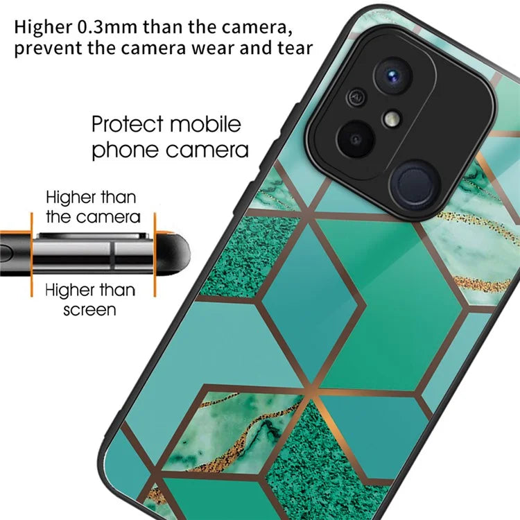 For Xiaomi Redmi 12C 4G Artistic Marble Tempered Glass Cover Shockproof Phone Case