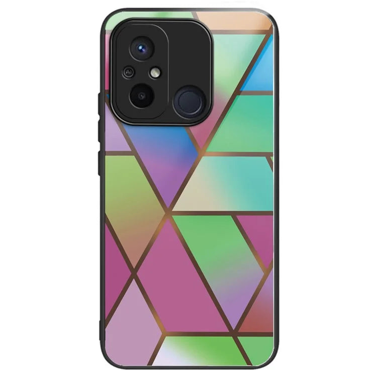 For Xiaomi Redmi 12C 4G Artistic Marble Tempered Glass Cover Shockproof Phone Case