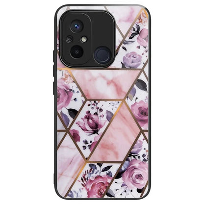 For Xiaomi Redmi 12C 4G Artistic Marble Tempered Glass Cover Shockproof Phone Case
