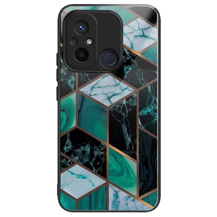 For Xiaomi Redmi 12C 4G Artistic Marble Tempered Glass Cover Shockproof Phone Case