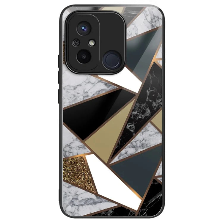 For Xiaomi Redmi 12C 4G Artistic Marble Tempered Glass Cover Shockproof Phone Case