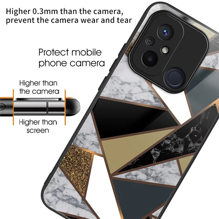 For Xiaomi Redmi 12C 4G Artistic Marble Tempered Glass Cover Shockproof Phone Case