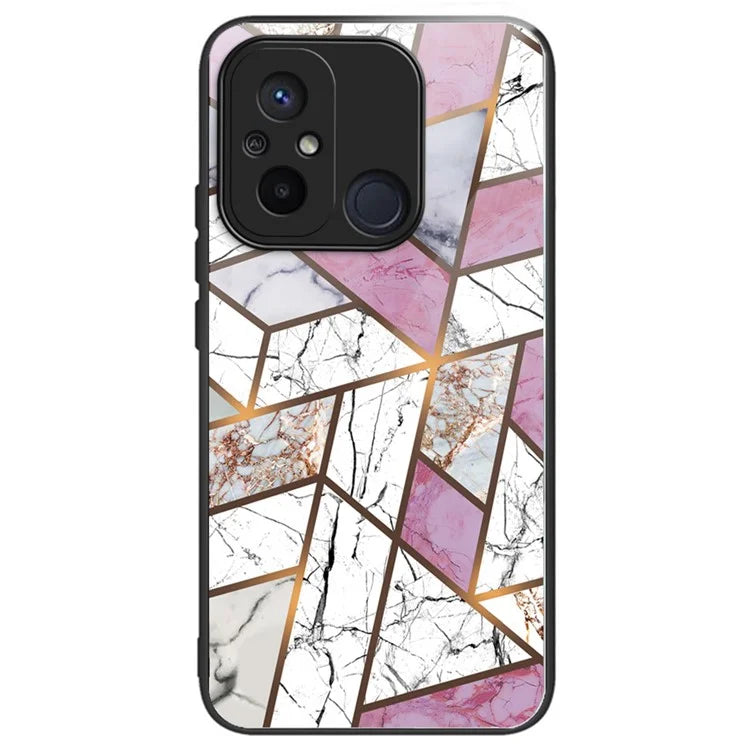 For Xiaomi Redmi 12C 4G Artistic Marble Tempered Glass Cover Shockproof Phone Case