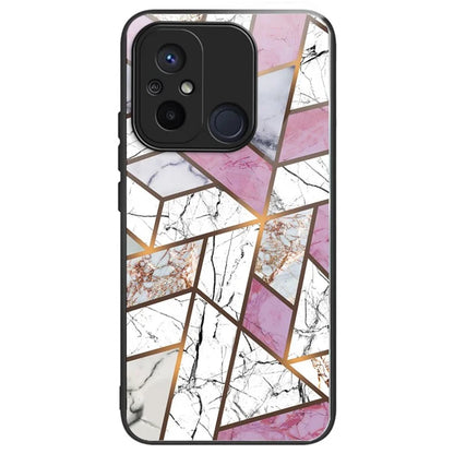 For Xiaomi Redmi 12C 4G Artistic Marble Tempered Glass Cover Shockproof Phone Case