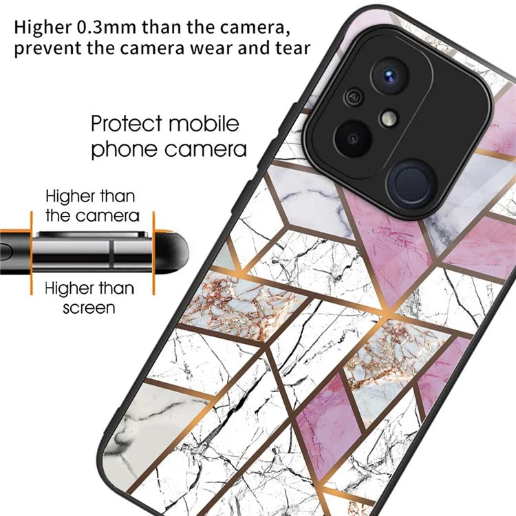 For Xiaomi Redmi 12C 4G Artistic Marble Tempered Glass Cover Shockproof Phone Case