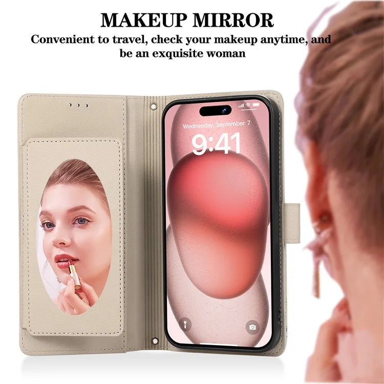 For iPhone 12 Pro Max Cell Phone Case PU Leather Stand Cover with Mirror