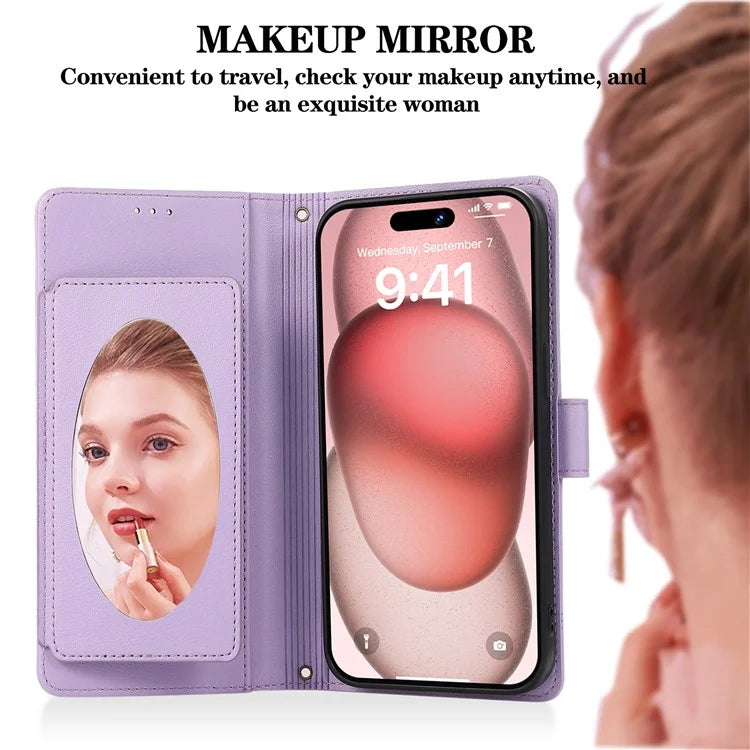 For iPhone 12 Pro Max Cell Phone Case PU Leather Stand Cover with Mirror