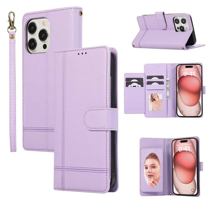For iPhone 14 Pro Cell Phone Case Lines Imprinted Anti-drop Leather Cover with Mirror