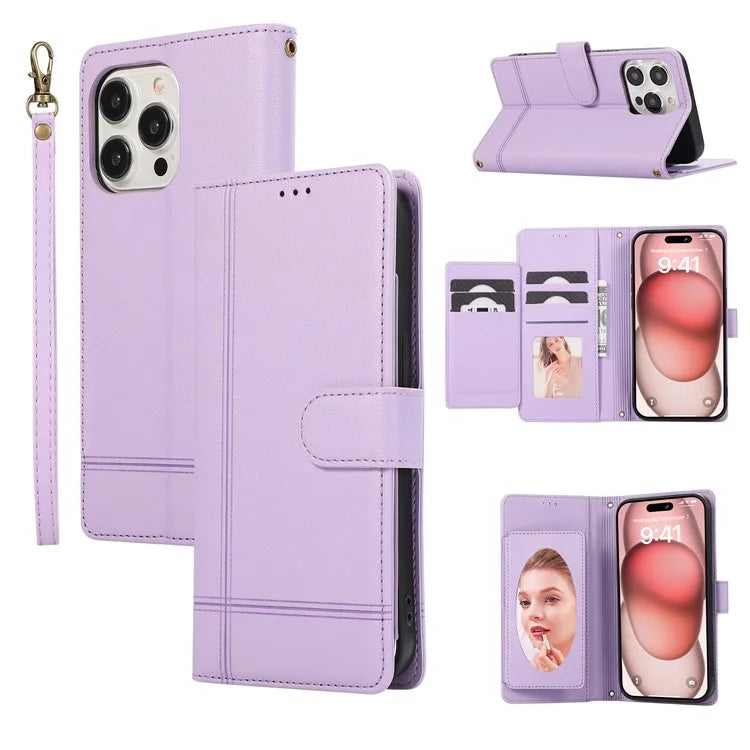 For iPhone 15 Pro Max Cell Phone Cases Lines Imprinted Leather Cover with Mirror