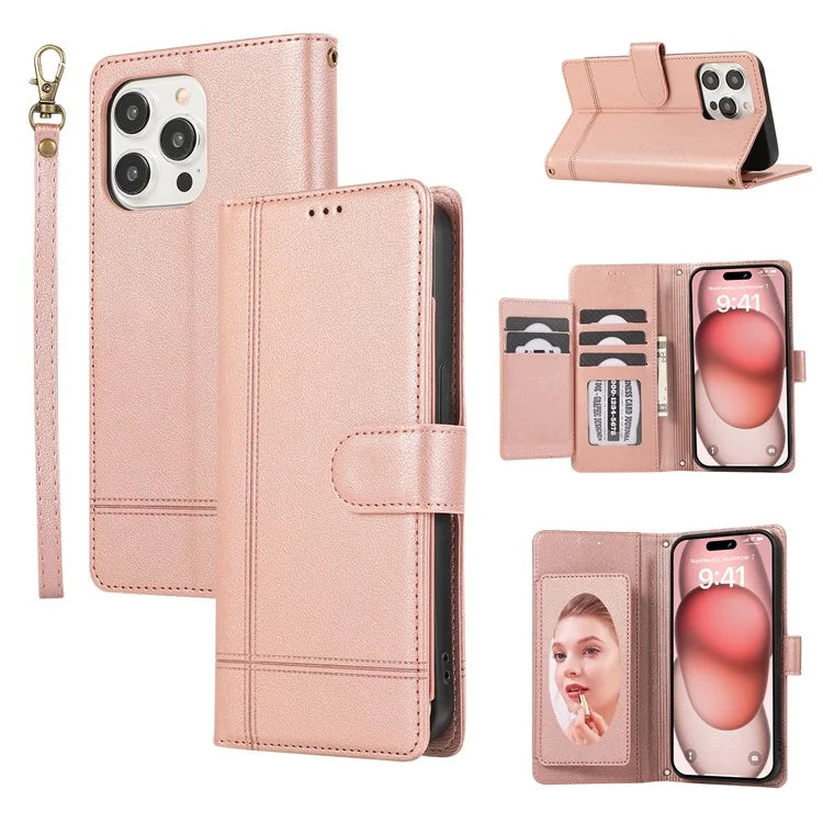 For iPhone 15 Pro Max Cell Phone Cases Lines Imprinted Leather Cover with Mirror