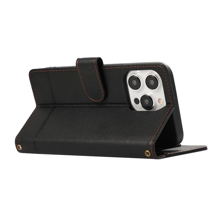 For iPhone 15 Pro Max Cell Phone Cases Lines Imprinted Leather Cover with Mirror