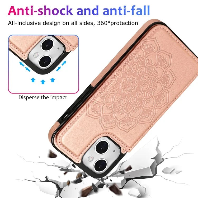 For iPhone 15 Cell Phone Case Imprinted Mandala Flower PU Leather+TPU Cover