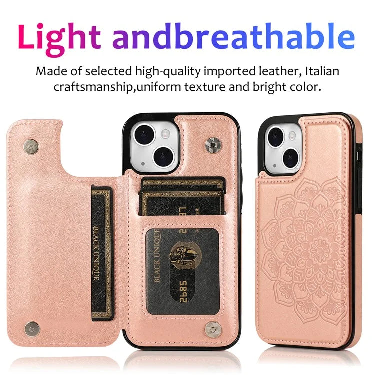 For iPhone 15 Cell Phone Case Imprinted Mandala Flower PU Leather+TPU Cover