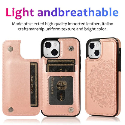 For iPhone 15 Cell Phone Case Imprinted Mandala Flower PU Leather+TPU Cover
