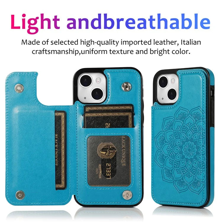 For iPhone 15 Cell Phone Case Imprinted Mandala Flower PU Leather+TPU Cover