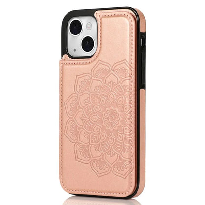 For iPhone 14 Plus Cell Phone Case Imprinted Mandala Flower PU Leather+TPU Back Shell