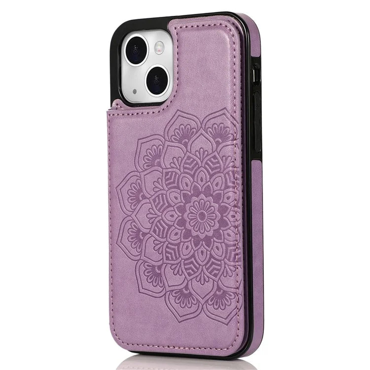 For iPhone 14 Plus Cell Phone Case Imprinted Mandala Flower PU Leather+TPU Back Shell