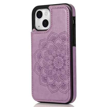 For iPhone 14 Plus Cell Phone Case Imprinted Mandala Flower PU Leather+TPU Back Shell