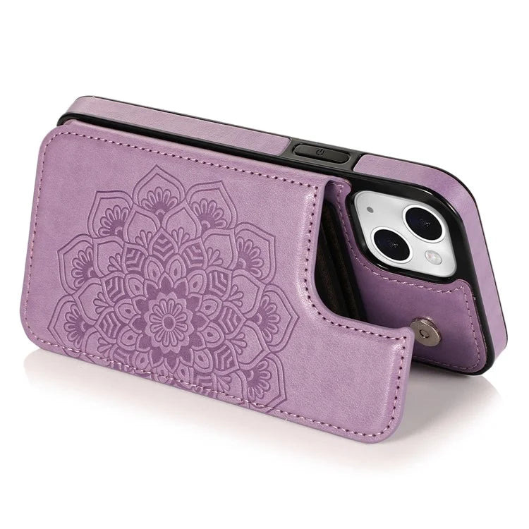 For iPhone 14 Plus Cell Phone Case Imprinted Mandala Flower PU Leather+TPU Back Shell