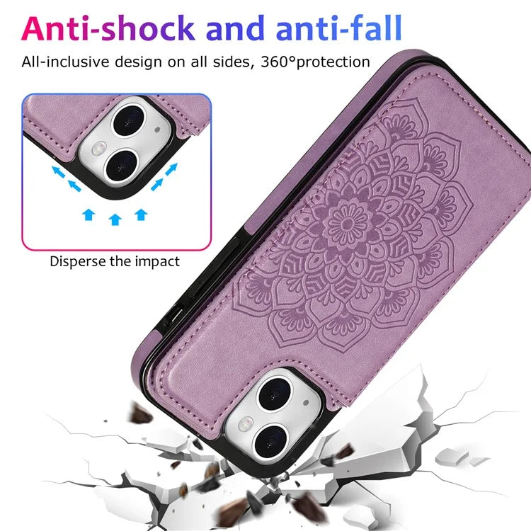 For iPhone 14 Plus Cell Phone Case Imprinted Mandala Flower PU Leather+TPU Back Shell
