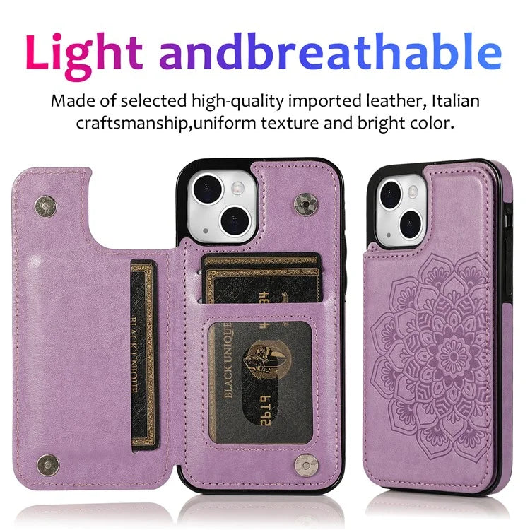 For iPhone 14 Plus Cell Phone Case Imprinted Mandala Flower PU Leather+TPU Back Shell