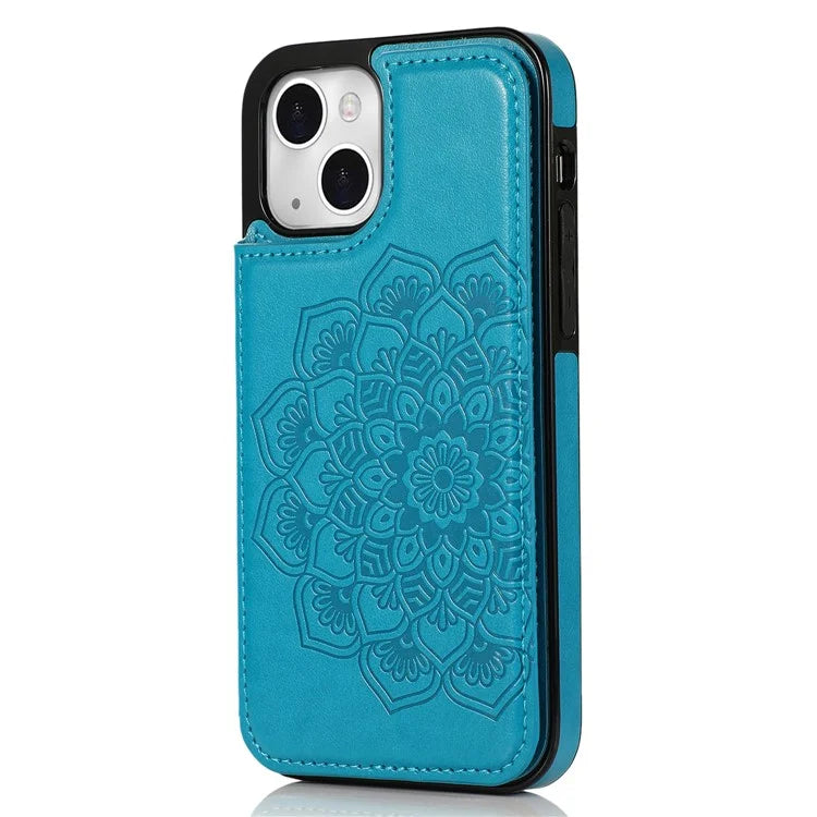For iPhone 14 Plus Cell Phone Case Imprinted Mandala Flower PU Leather+TPU Back Shell